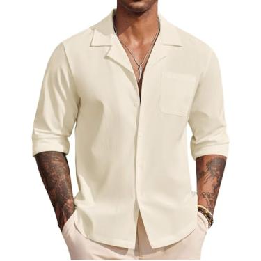 Imagem de COOFANDY Camisa masculina casual de botão para verão camisas de praia manga longa texturizadas sem calça, Bege, P