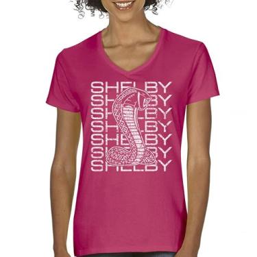 Imagem de Camiseta feminina vintage Stacked Shelby Cobra gola V American Classic Racing Mustang GT500 Performance Powered by Ford Tee, Rosa choque, P