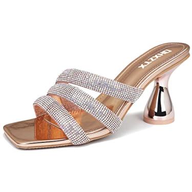 Imagem de OHXZTX Sandálias femininas quadradas com strass sem cadarço, peep toe, salto grosso, mules, moda sexy, vestido de casamento aberto nas costas, chinelos de salto alto, Champanhe, 8