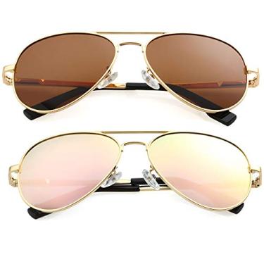 Imagem de Óculos de sol aviador polarizados para homens e mulheres, armação de metal, lentes 100% de proteção UV400, 58 mm, Pacote com dois (dourado/marrom, ouro/rosa espelhado), MM