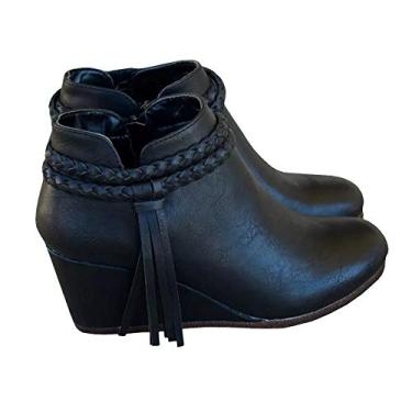 Imagem de Botas anabela femininas trançadas com tiras de franjas, salto ocidental, 1 preto, 9