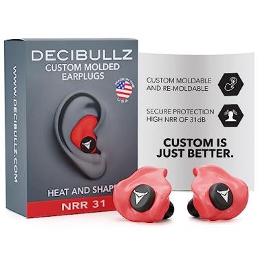 Imagem de Decibullz - Tampões de ouvido moldados personalizados, 31dB de NRR mais alto, proteção auditiva confortável para tiro, viagens, natação, trabalho e shows (vermelho)