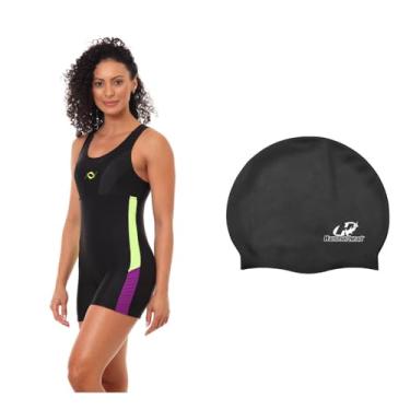 Imagem de Kit Macaquinho Feminino Natação e Touca De Silicone Grande (Preto/Amarelo/Roxo - Touca Preta, G)