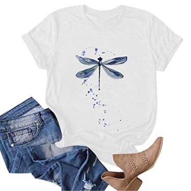 Imagem de Blusa feminina de manga curta com estampa de libélula, camisetas brancas, gola redonda, casual, folgada, básica, estampa animal, túnica para trabalho, Azul marino, G