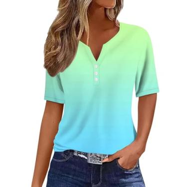Imagem de Camisetas femininas de manga curta com estampa gradiente gola V casual solta verão camisetas básicas túnica com botão blusa leve, rosa, G