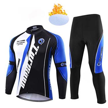 Imagem de Fatos de ciclismo masculinos - outono e inverno lã quente e frio roupa de ciclismo terno de manga comprida, azul, G