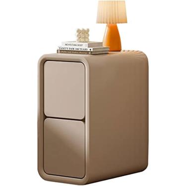 Imagem de Mesa de cabeceira pequena com 2 gavetas Mesa de cabeceira ultra estreita moderna em couro de microfibra totalmente embrulhada + sofá de madeira maciça Armário de armazenamento de mesa latera