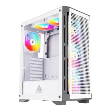 Imagem de Apevia Hydra-WH Capa para PC para jogos Hydra Mid Tower com 6 ventoinhas ARGB de 120 mm, 366 modos de luz RGB, painel frontal de malha de fluxo de ar respirável de alto desempenho, painel lateral de