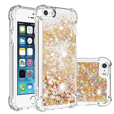 Imagem de LEMAXELERS Capa compatível com iPhone 5S, capa transparente com glitter brilhante flutuante areia movediça à prova de choque capa de silicone macio TPU para iPhone 5S / iPhone 5. YBL Love Gold
