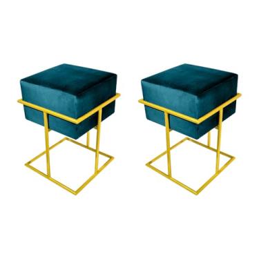 Imagem de Kit 2 Puffs Decorativos Quadrado Base De Ferro Dourada Tecido Veludo Azul