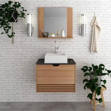 Imagem de Gabinete de Banheiro Suspenso com Pia e Espelheira Amêndoa Mármore Lunar