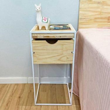 Imagem de Mesa Lateral com Gaveta Industrial de Ferro e Madeira Natural e Branco