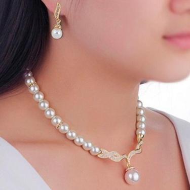 Imagem de kit Colar com brincos Pérola luxo Delicado Pingente Strass - anjo da m