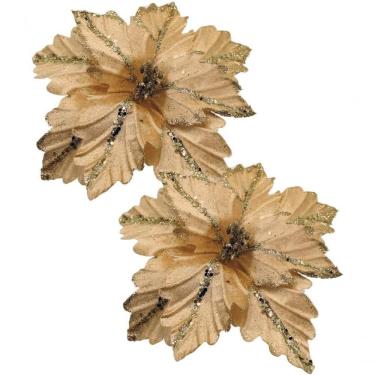 Imagem de Kit 8 Flores Artificial Glitter Dourado Madeira Natal 25cm