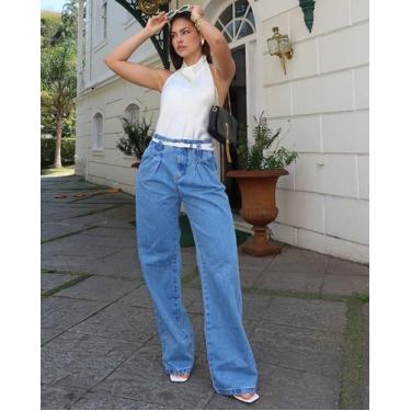 Imagem de Calça jeans wide leg feminina cintura alta com cinto - CONSCIÊNCIA, 38