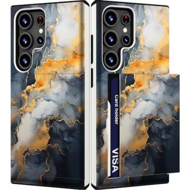 Imagem de IWONE Capa fofa com porta-cartões para S24 Ultra/Slim Slot Wallet Phone Case compatível com Samsung Galaxy S24 Ultra/Cinza Amarelo Mármore Natural Pedra Redemoinhos Pintura