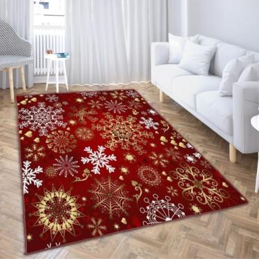Imagem de Ansouyi Tapetes antiderrapantes de 1,5 x 2,1 m, tapete lavável para sala de estar, Natal vermelho com flocos de neve dourados e brancos tapetes de decoração de casa para sala de jogos, sala de aula,