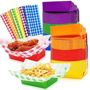 Imagem de Whaline Conjunto de 240 bandejas de comida de papel arco-íris com xadrez, folhas de papel de delicatessen, bandejas coloridas descartáveis para alimentos, papel à prova de gordura, petiscos, festa de