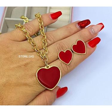 Imagem de Kit Colar Elo Português Folheado Ouro Pingente Coração Grande Love Ver