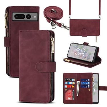 Imagem de Jaorty Capa carteira adequada para Google Pixel 7 Pro (5G 2022), [9 compartimentos para cartões] [colar removível ajustável e alça de ombro] Capa de couro PU com zíper para mulheres e homens 16 cm, vinho