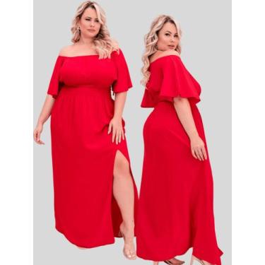 Imagem de Vestido Longo Plus Size Vermelho Com Fenda Babado Manga Godê Natal - s