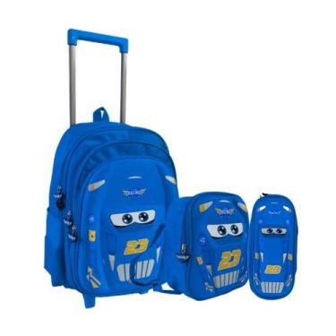 Imagem de Kit Mochila Rodinha Carros 3D Lancheira Estojo Macqueen - Yins, Azul