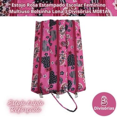 Imagem de Estojo Rosa Estampado Escolar Feminino Multiuso Bolsinha Lona 3 Divisó