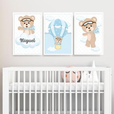 Imagem de 3 Quadros Infantil Ursinho Príncipe - FlorEllas, Ursinho Balão Azul