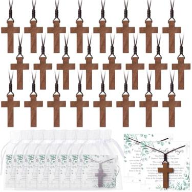 Imagem de Ecation Pacote com 24 colares de cruz de madeira, conjunto de presente cristão, colar com pingente de cruz de madeira com 24 cartões de oração da Bíblia, 24 sacos de organza para familiares, amigos,