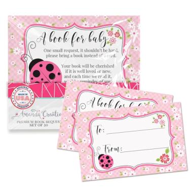 Imagem de Amanda Creation Cartões de solicitação de livro Pink Ladybug Bring a Book Insert Request for Baby Shower - 20 etiquetas de presente dupla face de 6 x 10 cm, feitas nos EUA