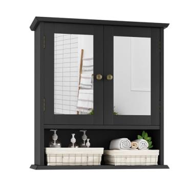 Imagem de Mino Kesper Armário de remédios preto com portas espelhadas, armário de parede de banheiro com prateleira ajustável de 5 alturas, armário de armazenamento sobre o vaso sanitário