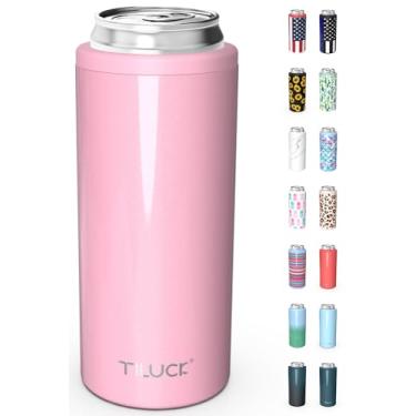 Imagem de TILUCK Cooler de lata skinny para cerveja fina e seltzer duro, aço inoxidável, latas finas isoladas de aço inoxidável de parede dupla, padrão de 355 ml (glitter blush)
