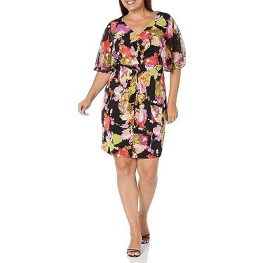 Imagem de London Times Vestido feminino de jérsei e chiffon com manga esvoaçante e manga esvoaçante feminina polida, Preto/chama., 25 Plus Size