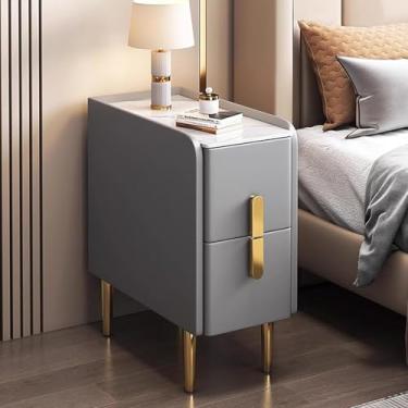 Imagem de Mesa de cabeceira fina para espaços pequenos, mesa lateral estreita, moderna e minimalista com pernas de metal com acabamento em couro sintético, armário de armazenamento de gaveta dupla para quartos