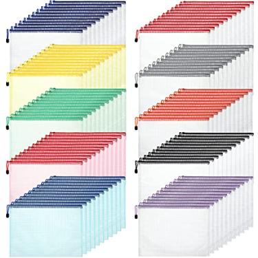 Imagem de 100 peças bolsa de malha com zíper à prova d'água bolsa organizadora de malha com zíper pasta de arquivo de plástico para escola escritório organizador suprimentos para jogos de tabuleiro de documentos (cores vivas, A4 (33,5 x 24 cm))