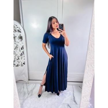 Imagem de vestido gola V com bolço e fenda lateral - MK MODAS, Azul, P