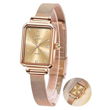 Imagem de Taxau Relógio feminino casual, pulseira de malha em tom de ouro rosa, aço inoxidável, quadrado, relógio de pulso feminino de quartzo analógico de moda para negócios, Pulseira de ouro A5 + face de ouro