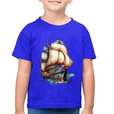Imagem de Camiseta Algodão Infantil Navio Vintage - Foca na Moda, Azul royal, 10