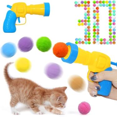 Imagem de Seyezo Conjunto de lançador de bolas de brinquedo para gatos (1 arma + 30 bolas), brinquedos de enriquecimento de gatos, bolas de brinquedos engraçados interativas, 30 bolas de pompom fofas, roupa de