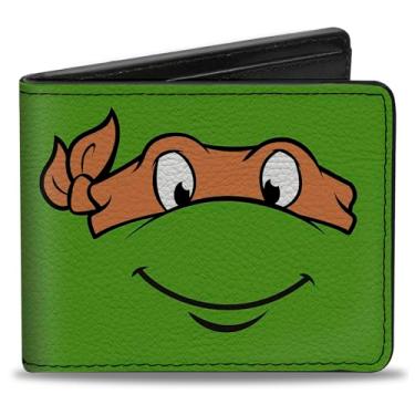 Imagem de Nickelodeon Carteira masculina de poliuretano dobrável com fivela - Classic Tmnt Michaelangelo Face Close-up Verde/Laranja, Multicolorida, 4 x 3,5 EUA