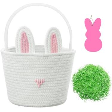 Imagem de Cesta de Páscoa para meninas, cesta de corda de algodão tecido de coelho branco rosa com grama de Páscoa e etiqueta de nome personalizada de madeira, presentes de caça de ovos para crianças e bebês,
