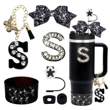 Imagem de Conjunto de acessórios para copo Stanley preto de 7 peças para copo Stanley 850 g 1,134 g, incluindo topo de palha de diamante, pingente de letra, laço brilhante, adesivo de iniciais, tampa à prova de