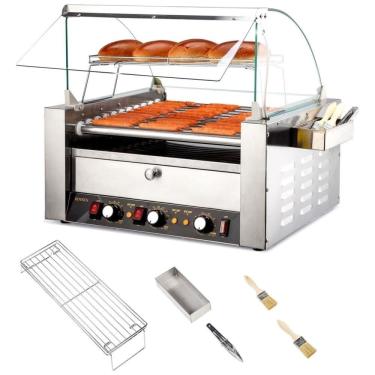 Imagem de Máquina para Cachorro Quente 11 Rolos até 30 Salsichas com Luz LED, Controle de Temperatura Duplo e Bandeja de Gotejamento Removível, 110V