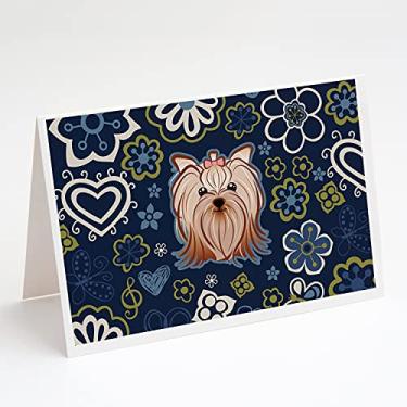 Imagem de Caroline's Treasures BB5055GCA7P Cartões comemorativos Yorkie Yorkishire Terrier com flores azuis e envelopes, pacote com 8, 7 x 12, multicolorido