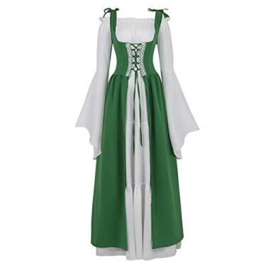 Imagem de Parlsdy Fantasia feminina renascentista cosplay medieval irlandesa sobre vestido e chemise boho vestido gótico de cintura alta, Verde, Small