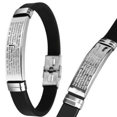Imagem de Pulseira Silicone Placa Aço Inox Masculina Prata Pai Nosso ajsutavel o