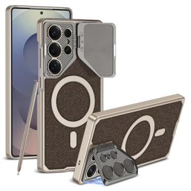 Imagem de FWYANZH Capa de couro para Samsung Galaxy S25 Ultra, proteção total da lente, suporte robusto, capa magnética com caneta capacitiva, capa fina de tecido padrão, marrom, S25 Ultra