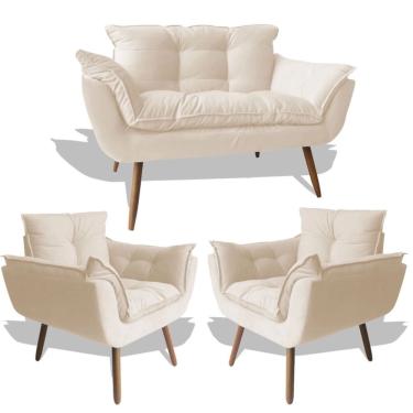 Imagem de Conjunto 01 Namoradeira Opala e 2 Poltronas Opala Suede Bege - Aya Poltronas