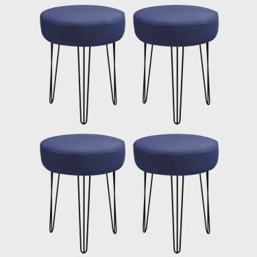 Imagem de Kit 04 Banquetas Puff Jullia Luxo 55cm Industrial Ferro Preto Corino Azul Marinho - Ahazzo Móveis