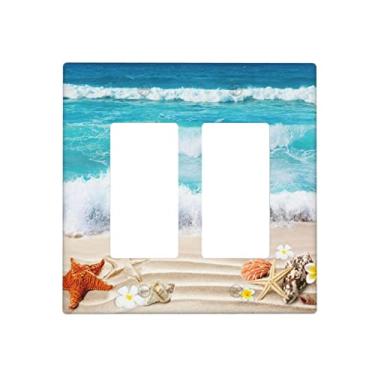 Imagem de Blue Ocean White Sand Beach 2 Gang Wall Plate Covers Seashells Starfish Double Rocker Light Switch Cover Decorative Wallplate Face Plates para Tomadas Elétricas Cozinha Banheiro Quarto 4,5 x 4,5